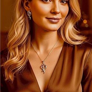 VTG 2PC 925 Italy Ribbon Colored & Clear CZ Loop Open Heart Necklace & Earring’s